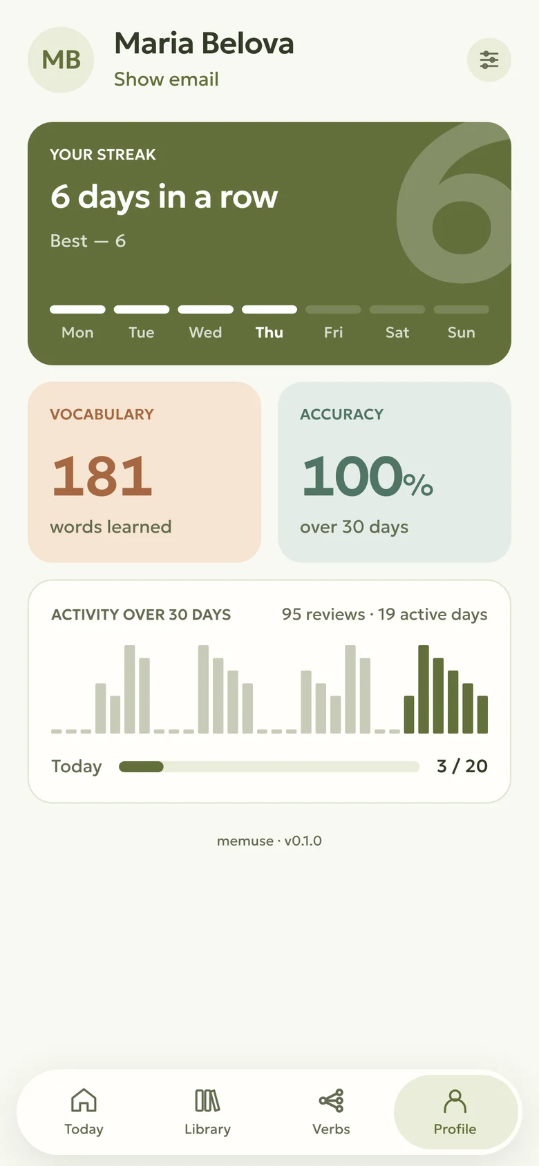 memuse profile: streak, vocabulary, accuracy and activity